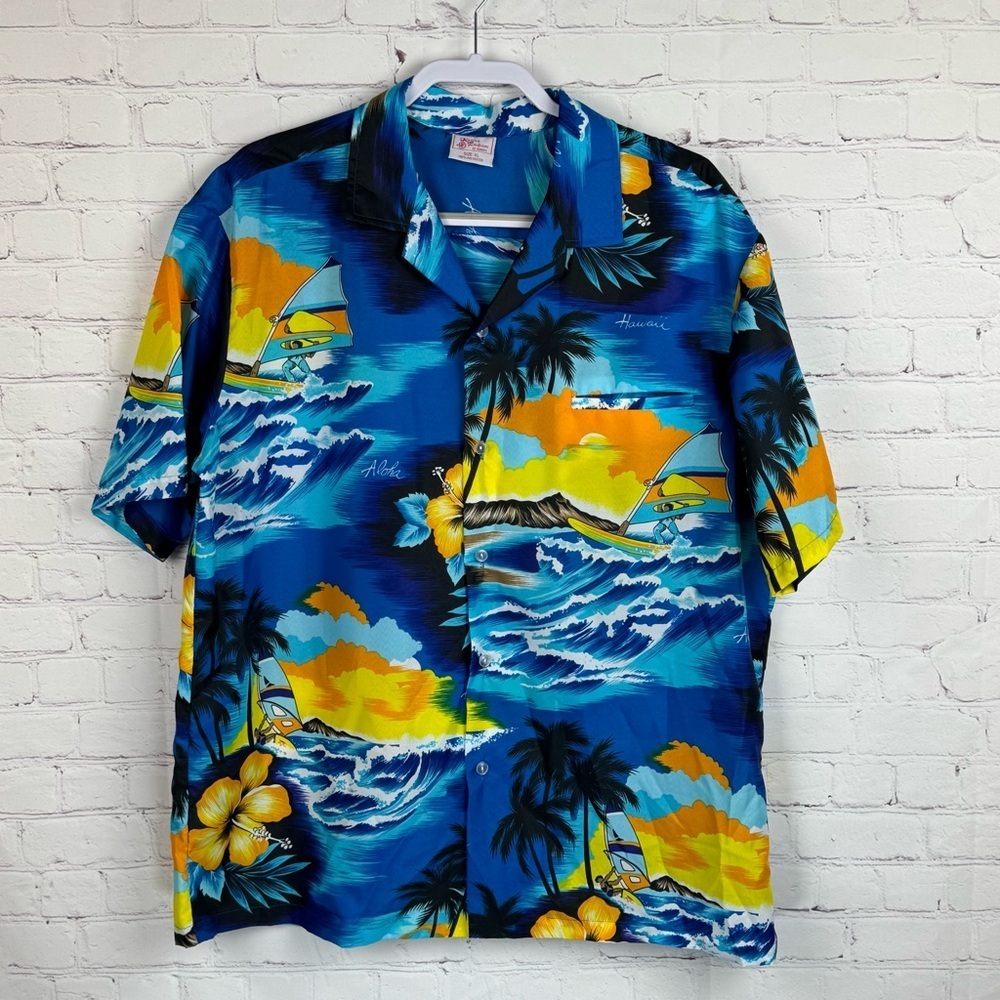 Kalena Vintage Vibrant Blue and Yellow Hawaiian Surf Button Down Shirt XL